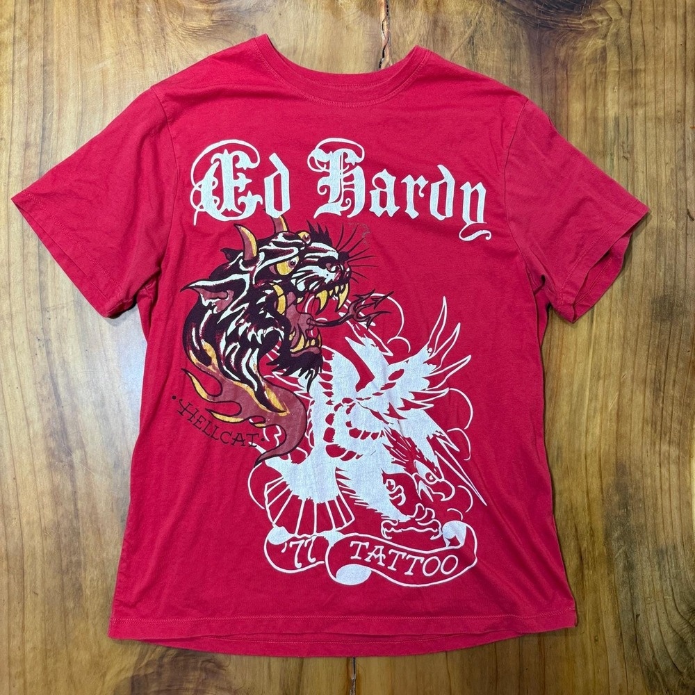 Vintage Y2K Ed Hardy Crewneck T-shirt Large Men's Hellcat Tattoo Short sleeve B1